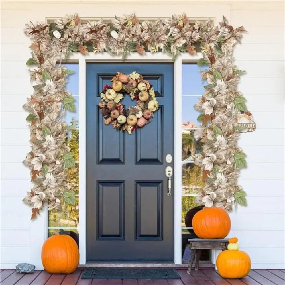 2Pcs Fall Garland Decor 6 ft Fall Leaves Thanksgiving Garland with White Pumpkin